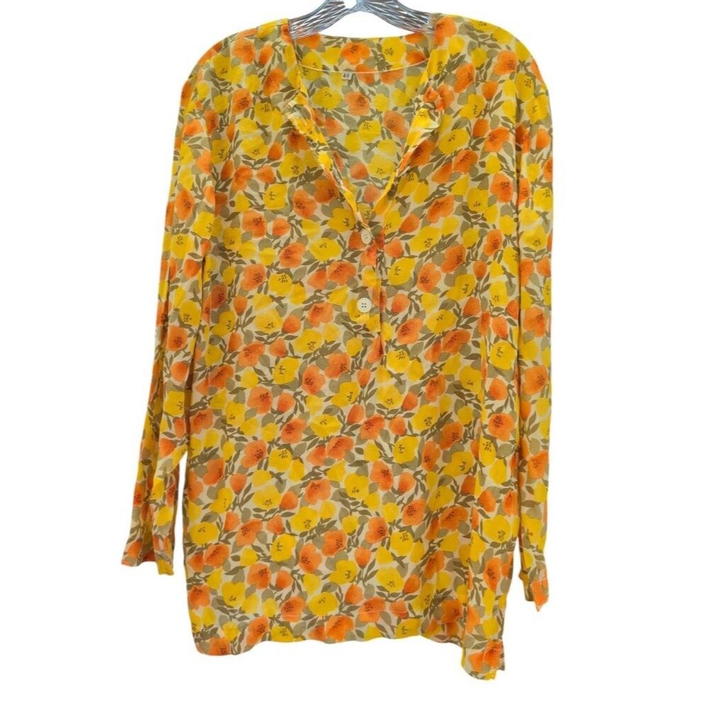 Vintage 70s Floral Blouse Poppy Silk Popover Button Top Yellow Orange 48 / XL